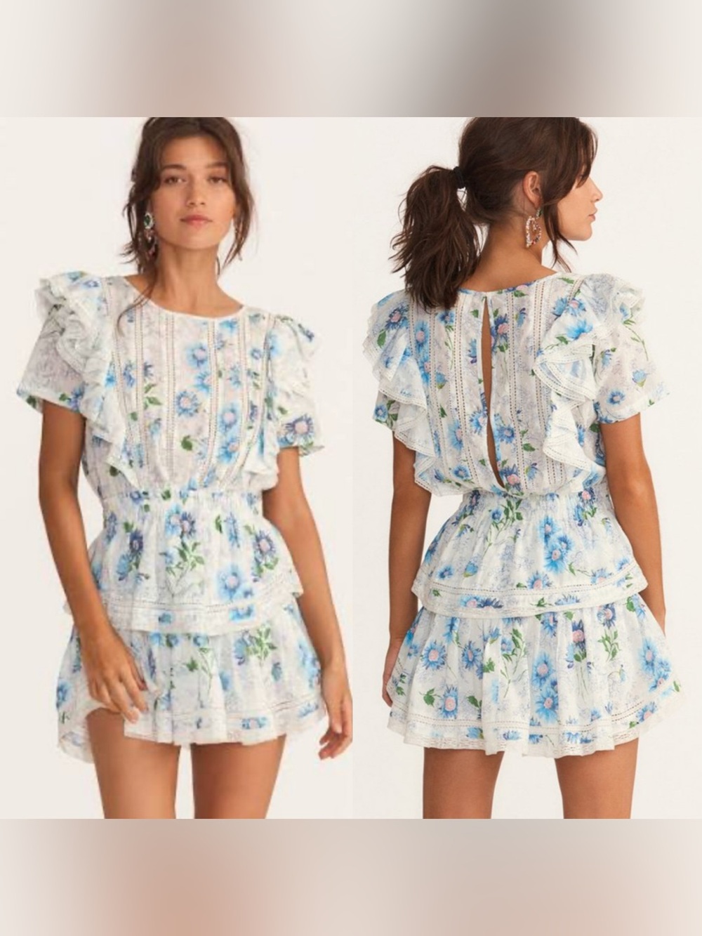LOVESHACKFANCY Natasha Ruffle Mini Floral Dress in Blueberry Cloud size Petite